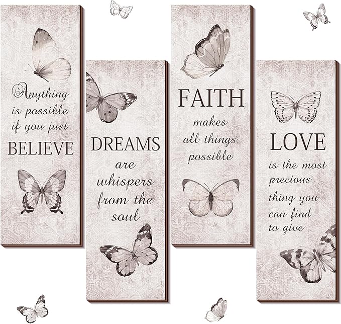 Qunclay 4 Pcs Inspirational Butterfly Wall Signs 16 x 5 Inch Rustic Wooden Wall Decor with Believe Faith Dream Love Quotes for Bathroom Bedroom Living Room Home Decor