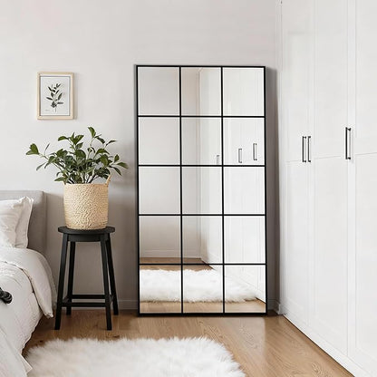 Large Window Pane Full Length Mirror for Wall, 28"x55" Black Rectangular Wall Mirror for Living Room, Bedroom, Entryway, Hanging or Leaning