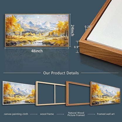 ZUITINGHUA Large Wood Framed Wall Decor For Living Room Canvas Wall Art For Office Modern Wall Decorations For Bedroom Yellow Tree Landscape Paintings Mountain Pictures Artwork Home Decor 24x48 In