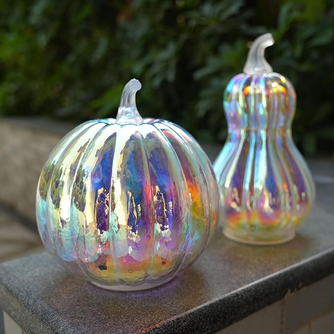 Colorful Mercury Glass Pumpkin with Built-in LED Light - Enhance Your Fall Decor with Magical Glow-Perfect Harvest Festival Decorations and Gift