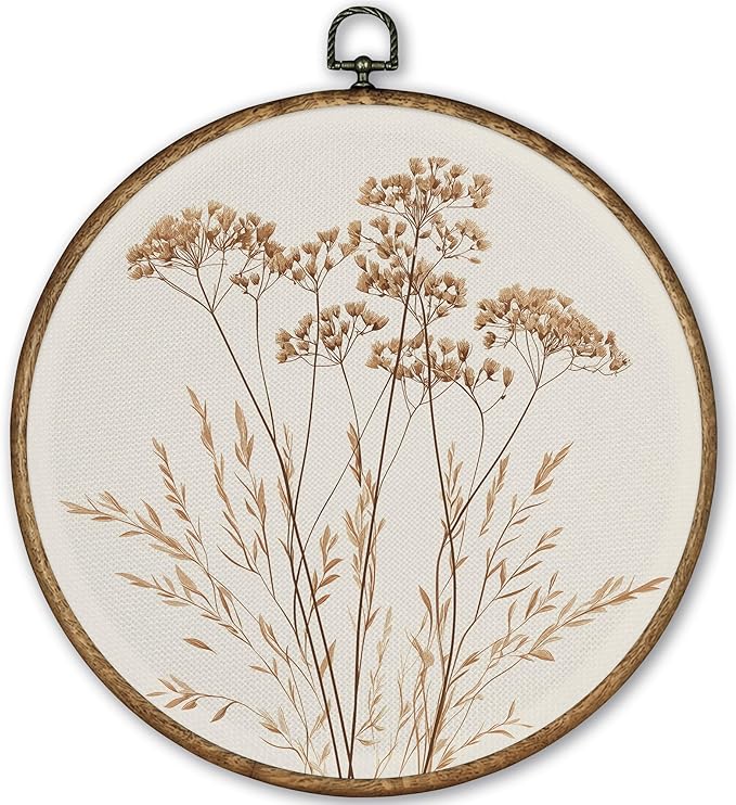 TLESKE Beige Vintage Botanical Round Wall Art Decor Framed 10x10, Boho Floral Wildflower Canvas Wall Art Prints Artwork, Fall Neutral Bohemian Wall Hanging Decor Decorations for Bedroom Living Room
