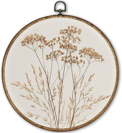 TLESKE Beige Vintage Botanical Round Wall Art Decor Framed 10x10, Boho Floral Wildflower Canvas Wall Art Prints Artwork, Fall Neutral Bohemian Wall Hanging Decor Decorations for Bedroom Living Room