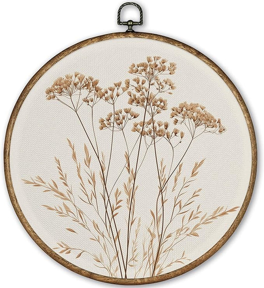 TLESKE Beige Vintage Botanical Round Wall Art Decor Framed 10x10, Boho Floral Wildflower Canvas Wall Art Prints Artwork, Fall Neutral Bohemian Wall Hanging Decor Decorations for Bedroom Living Room