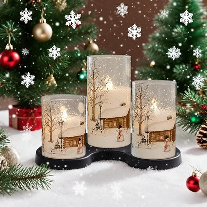 Snowman Glass Flameless Candles Rechargeable Battery Operated with Remote and Timer Real Wax LED Flickering Pillar Candles White Cold Light Window Christmas Holiday Decor D3 x 4",5",6"