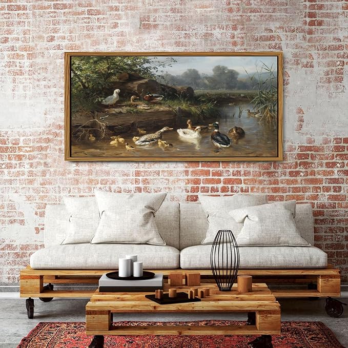 Framed Vintage Animal Wall Art Countryside Duck Wall Decor Rustic Duck Scenic Picture Canvas Prints Painting Abstract Nature Funny Poster Artwork for Living Room Bedroom Office Home Decorations 30x57.8"