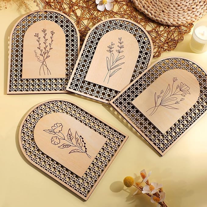 Wesiti 4 Pcs Rattan Wooden Boho Wall Decor Floral Natural Room Wall Art Aesthetic Nursery Farmhouse Hanging Decor for Bedroom Living Room Office
