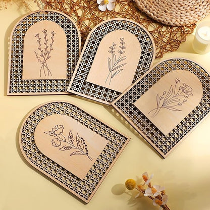 Wesiti 4 Pcs Rattan Wooden Boho Wall Decor Floral Natural Room Wall Art Aesthetic Nursery Farmhouse Hanging Decor for Bedroom Living Room Office