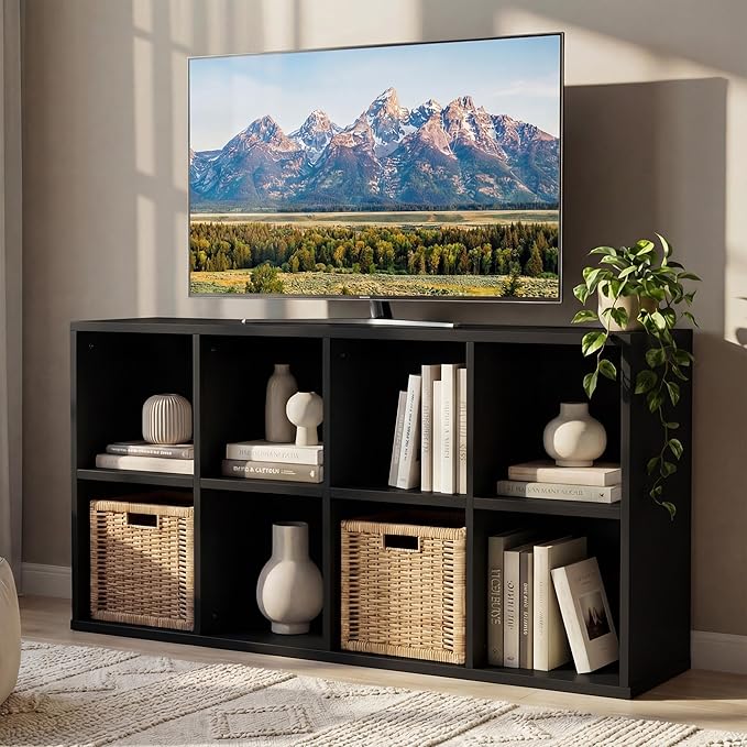 YESHOMY Modern TV Stand for Televisions up to 55 Inch, Mid Century Entertainment Center with 8 Open Shelves for 32/43/50/55 Inchs TVs, Media Console with Adjustable Shelves for Living Room, Black