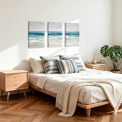 WENGTIAO Abstract Ocean Wall Art Set of 3 Blue Beach Canvas Paintings Minimalist Coastal Prints Pictures Sail Boat Home Decor Seascape Artwork for Living Room Bedroom Hallway 16”x24”x3Pcs