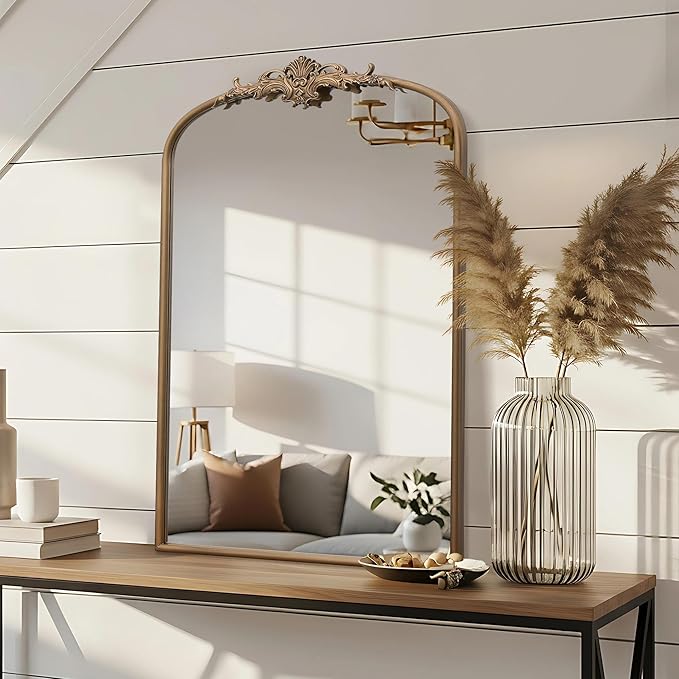 Besdomus Antique Gold Arched Mirror: 24"x36" French Large Arch Gold Vintage Wall Mounted Mirror - Traditional Ornate Home Decor for Entryway/Fireplace/Bathroom/Bedroom - Idea for Fashion-Conscious