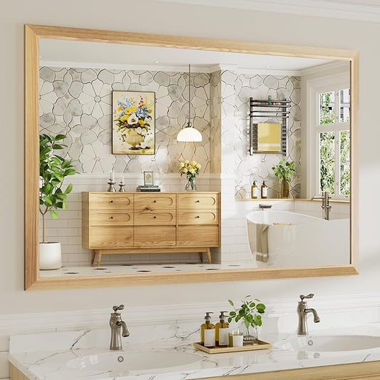 60x40 Inch Bathroom Mirror for Wall, Anti-Rust Oak Wood Grain Metal Framed Bathroom Mirrors for Over Sink,Rectangler Mirrors for Bathroom Vanity, Farmhouse, Bedroom, Living Room, Entryway Decor