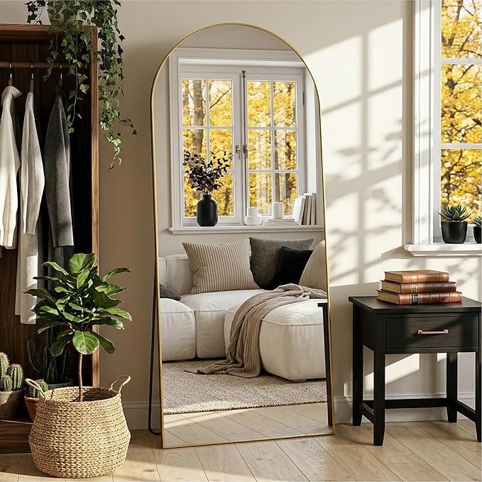 Arched Full Length Mirror 71 x 28 Inch, Full Body Mirror with Stand, Standing Hanging or Leaning Against Wall, Metal Frame Floor Mirror for Bedroom, Living Room, Cloakroom,Gold