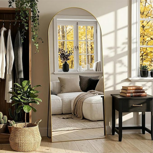 Arched Full Length Mirror 71 x 28 Inch, Full Body Mirror with Stand, Standing Hanging or Leaning Against Wall, Metal Frame Floor Mirror for Bedroom, Living Room, Cloakroom,Gold