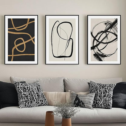 SAFERRYHOME Abstract Graffiti Framed Black and White Black and Gold Wall Art Canvas Prints, Modern Sketches Street Art Decor for Living Room, Home Office, Dining Room, Loft - 3 Pieces 24x36 Inch