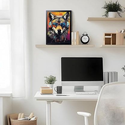 Cool Wolf Wall Art Framed Canvas Print, Wolf Wearing Sunglasses and Headphones Pop Art Poster, Vibrant Graffiti Music King Animal Painting for Boys Room Bedroom Gaming Room Home Decor 12x16 Inch