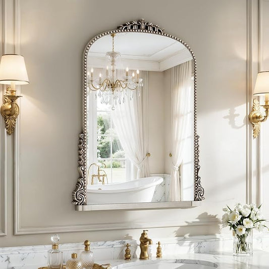 24x32 inch Vintage Silver Arched Bathroom Mirror - French Antique Mirror - Traditional Decorative Wall Mounted Arched Mirrors for Entryway/Fireplace/Bathroom/Hallway - Home Decor for Fashion