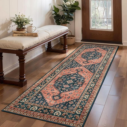 Tangsoo Vintage 2x6 Washable Runner Rug for Hallways,Non-Slip Kitchen Rug Runner,Boho Oriental Low Pile Soft Long Carpet for Entryway Laundry Bedroom Bathroom Beside Red Blue