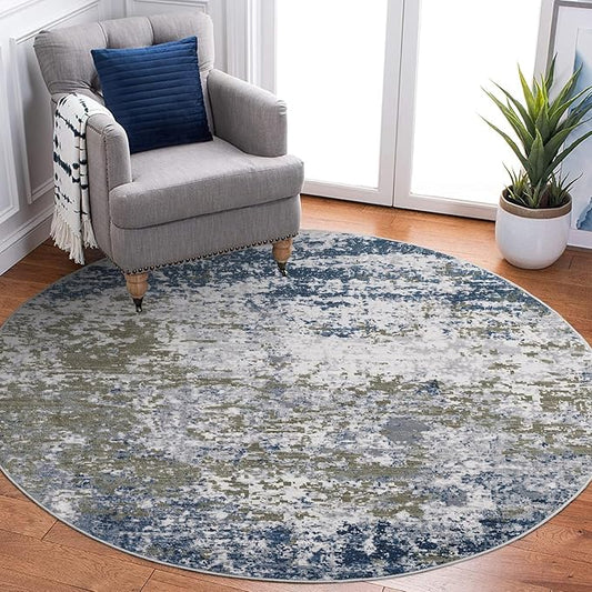 ROYHOME Modern Abstract 6x6 Round Area Rug Non Slip Non Shedding Rug Low Pile Stain Resistant for Bedroom Living Room Office Dining Room,Navy