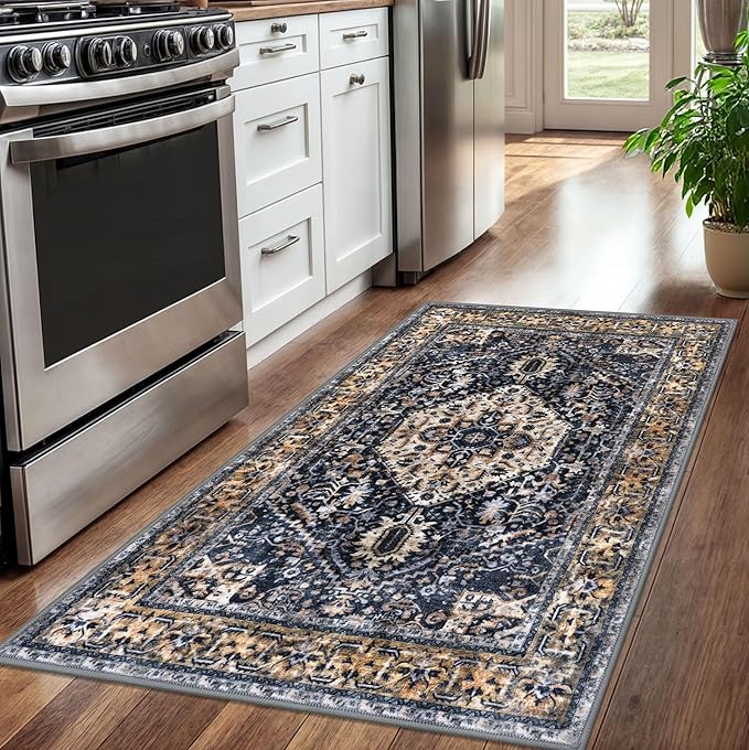 KOZYFLY Boho Area Rug 3x5 Ft Rugs for Entryway Washable Entry Rug Non Slip Door Mat Indoor Entrance Gold/Orange/Navy Printed Faux Wool Vintage Kitchen Rug Throw Rugs for Entrance