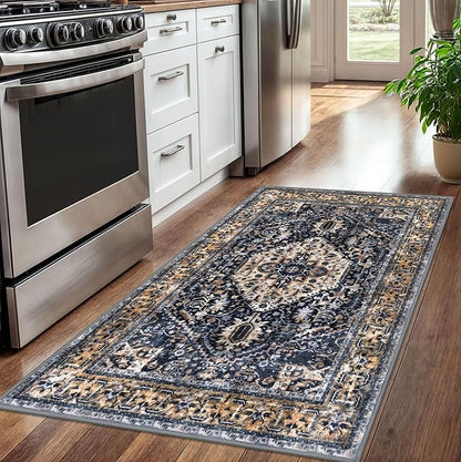KOZYFLY Boho Area Rug 3x5 Ft Rugs for Entryway Washable Entry Rug Non Slip Door Mat Indoor Entrance Gold/Orange/Navy Printed Faux Wool Vintage Kitchen Rug Throw Rugs for Entrance
