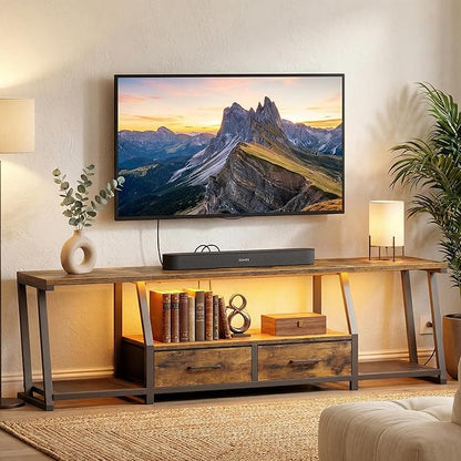 RALGEND LED TV Stand for 80 Inch TV, Entertainment Center with Open Shelves and Power Outlets, TV Console Table with Fabric Drawers, Media Console for Living Room, Bedroom, Rustic Brown and Black