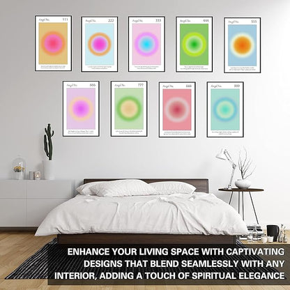Aura Angel Numbers Poster Sets of 9 for Home Room Decor Aesthetic - Minimalist Wall Art, Positive Inspirational Quotes Poster Prints, and Aesthetic Posters for Bedroom - 11x17 in. Laminated, No Frame