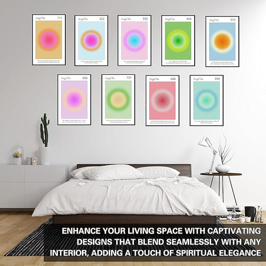 Aura Angel Numbers Poster Sets of 9 for Home Room Decor Aesthetic - Minimalist Wall Art, Positive Inspirational Quotes Poster Prints, and Aesthetic Posters for Bedroom - 11x17 in. Laminated, No Frame