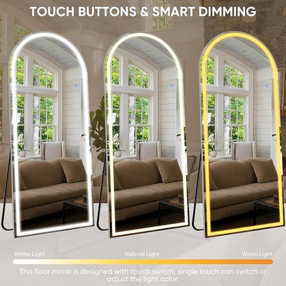 Antok LED Full Length Mirror with Light, 71"x28" Lighted Full Body Mirror with Stand, Dimmable & 3 Color Lighting Standing/Leaning/Wall Mounted Vanity Mirror for Bedroom Cloakroom Livingroom(Arched)