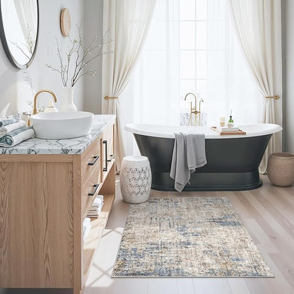 3x3 Square Entryway Rug Washable – Non-Slip Small Area Rug for Kitchen or Bathroom, Soft Low-Pile Indoor Mat, Modern Abstract Thin Door Carpet (Blue Brown)