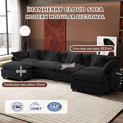 Ihanherry U-Shaped Modern Sofa 146" Modular Sectional Cloud Couch with 2 Ottoman, 6-Seat Chenille Deep Seat Sofa with 6 Pillows for Living Room, Black