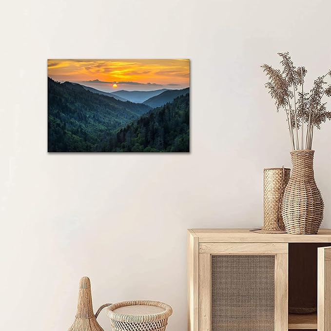 Forest Sunrise Wall Art Decor Great Smoky Mountains Photo Prints National Park Landscape Canvas Painting Artwork Framed for Bedroom Living Room (28x44 inch)