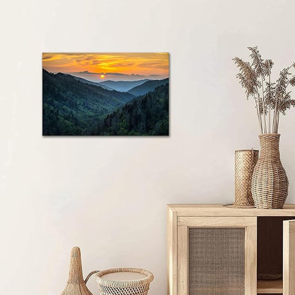 Forest Sunrise Wall Art Decor Great Smoky Mountains Photo Prints National Park Landscape Canvas Painting Artwork Framed for Bedroom Living Room (16x24 inch)