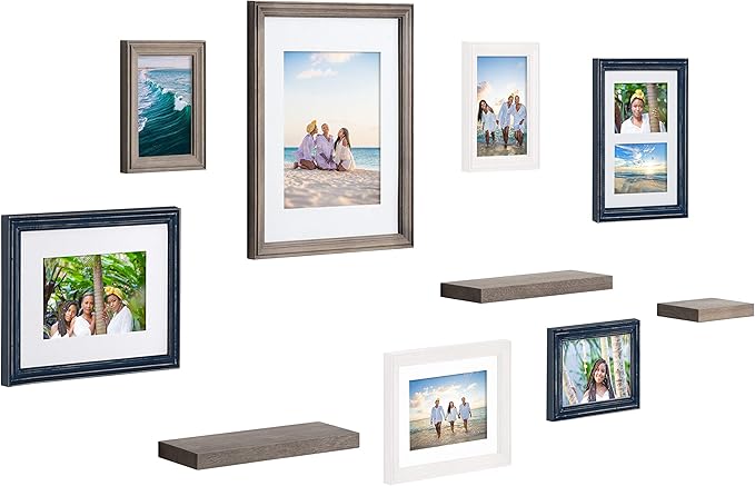 Kate and Laurel Bordeaux Gallery Wall Frame and Shelf Kit, Set of 10, Multiple Coastal Finishes, Assorted Size Frames and Three Display Shelves