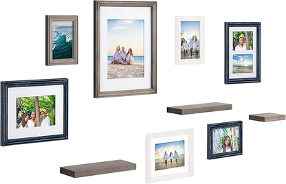 Kate and Laurel Bordeaux Gallery Wall Frame and Shelf Kit, Set of 10, Multiple Coastal Finishes, Assorted Size Frames and Three Display Shelves