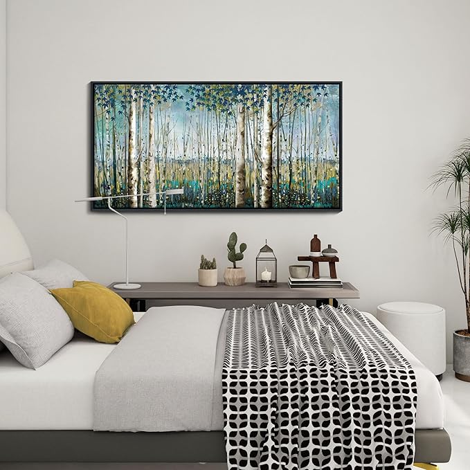 Pogusmavi Tree of Life Wall Art - Large Nature Birch Tree Canvas Painting for Home Decor | Framed Green Artwork for Living Room, Bedroom, and Office | Teal Wall Art Decoration 24x48 Inch