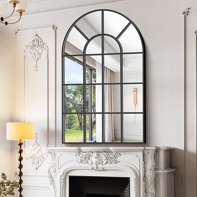 Arched Mirror, 30"x48" Arch Window Mirror, Black Frame Window Pane Mirror Wall Decor, Large Wall Mounted Mirror Decorative for Living Room Bedroom Entryway Hanging or Leaning Against Wall