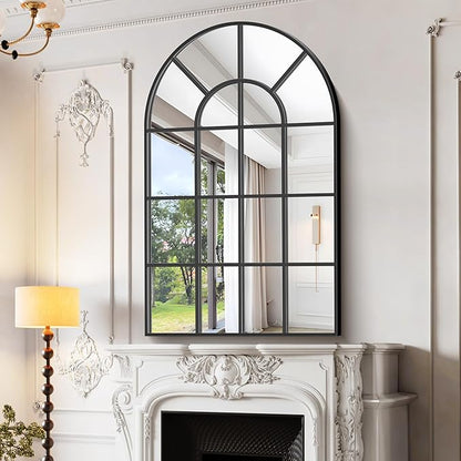 Arched Mirror, 30"x48" Arch Window Mirror, Black Frame Window Pane Mirror Wall Decor, Large Wall Mounted Mirror Decorative for Living Room Bedroom Entryway Hanging or Leaning Against Wall