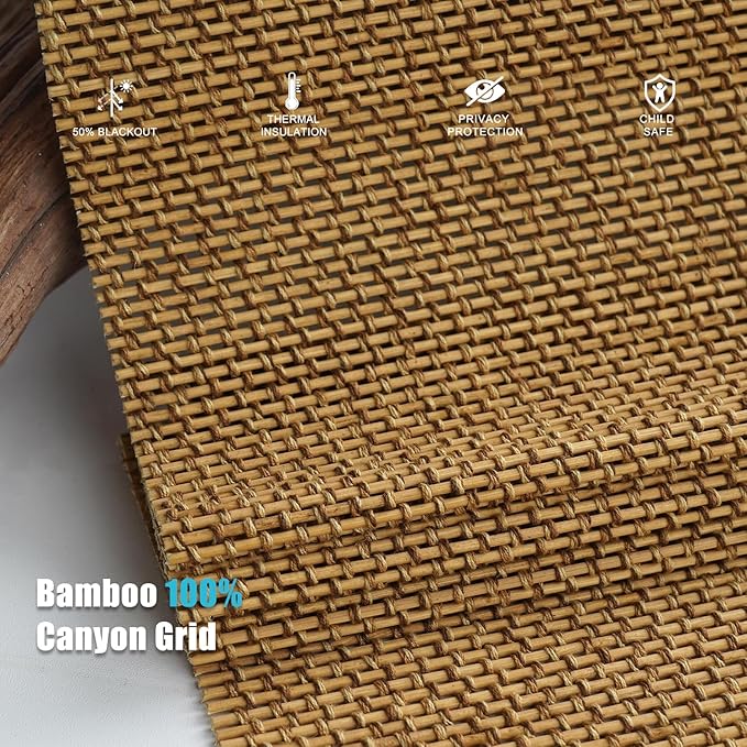 Motorized Bamboo Roman Shades, Motorized Blinds with Remote Compatible with Homekit, Alexa GoogleHome, Smart Wood Woven Shades for Indoor Windows, Customize, Canyon Grid