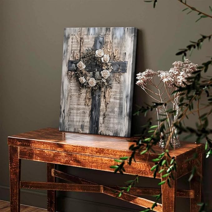 Vintage Cross Christian Wall Art, White Rose Wreath Canvas Paintings Prints Posters Wall Decor, Retro Religious Music Score Church Decor Suitable for Study Prayer Room 12x16 in Framed