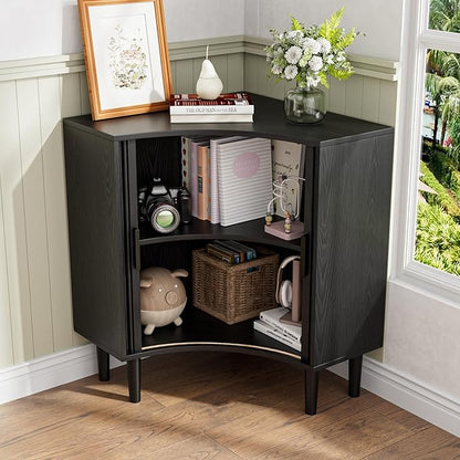 Lxsxlome Fluted Corner Cabinet, Small Corner Floor Cabinet with Sliding Doors and Adjustable Shelves, Modern Wooden Freestanding Narrow Storage Organizer for Small Space,Living Room (Black, 29.5" H)