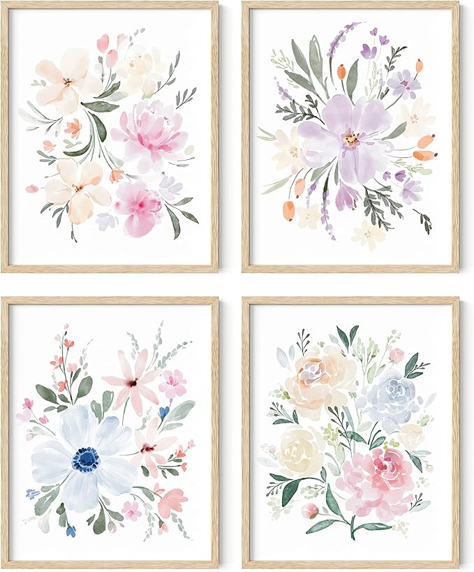 HAUS AND HUES Flower Wall Decor - Set of 4 Floral Wall Art, Framed Bouquet Pictures for Living Room, Bedroom, and Kitchen, Flower Pictures Wall Decor (Framed Beige, 11x14)