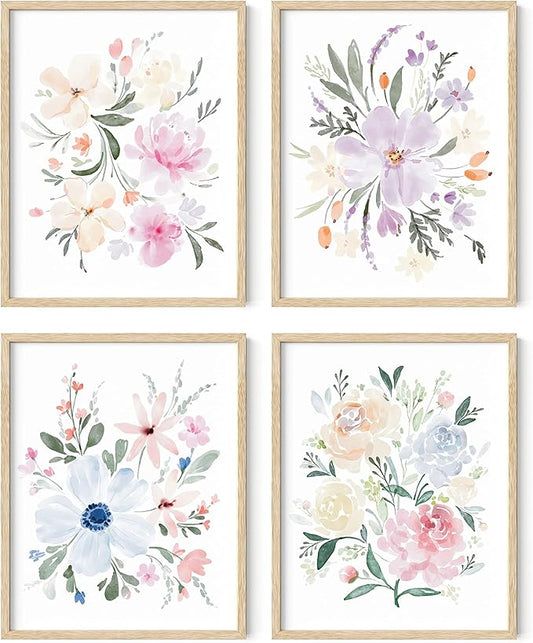 HAUS AND HUES Flower Wall Decor - Set of 4 Floral Wall Art, Framed Bouquet Pictures for Living Room, Bedroom, and Kitchen, Flower Pictures Wall Decor (Framed Beige, 11x14)