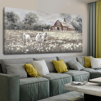 ZENPEE Sheep & Wildflower Farmhouse Wall Decor, Vintage Country Animal Landscape Canvas Print for Living Room, Bedroom & Dining, 29 x 58 Inches, Ready to Hang