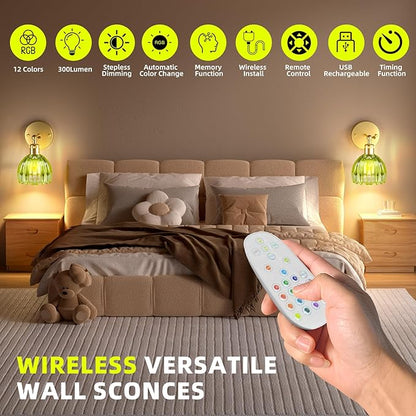 Battery Operated Wall Sconce with Remote Control, Wireless Wall sconces Set of Two with 7000mAh Dimmable Magnetic RGB Bulbs, Rechargeable Wall Light for Bedside Bedroom Living Room Hallway Wall Decor