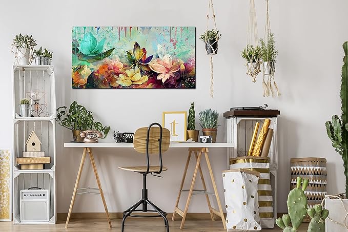 GUGIKA Flower Wall Art for Living Room, Colorful Floral Canvas Wall-Art for Bedroom, Watercolor Lotus Print, Large Size 59x29 Inches
