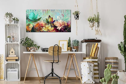 GUGIKA Lotus Flower Wall Art for Living Room, Floral Canvas Wall Decor for Bedroom, Colorful Print Paintings, Size 20x40 Inches