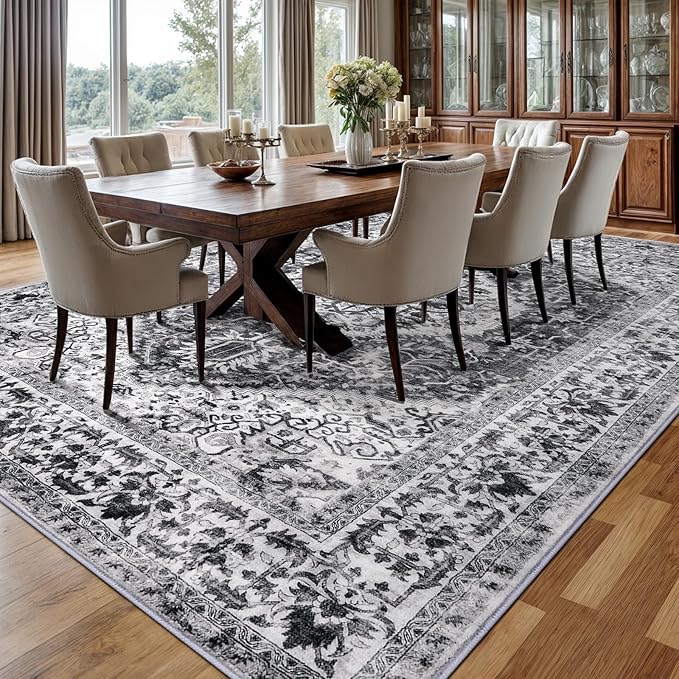 KOZYFLY Boho Area Rug 9x12 Ft Thin Rugs for Living Room Washable Bedroom Rug Non Slip Rugs for Dining Room Printed Faux Wool Area Rug Floor Carpet for Dining Room Living Room, Grey