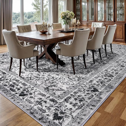 KOZYFLY Boho Area Rug 9x12 Ft Thin Rugs for Living Room Washable Bedroom Rug Non Slip Rugs for Dining Room Printed Faux Wool Area Rug Floor Carpet for Dining Room Living Room, Grey