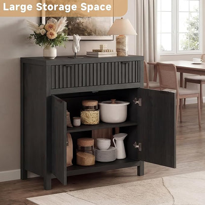 Fatmok Fluted Buffet Cabinet with Storage Set of 3, 34" Tall Modern Arched Sideboard Cabinet w/AdjustableShelves,Wooden Modular Coffee Bar for Kitchen, Living Room, Entryway, Black