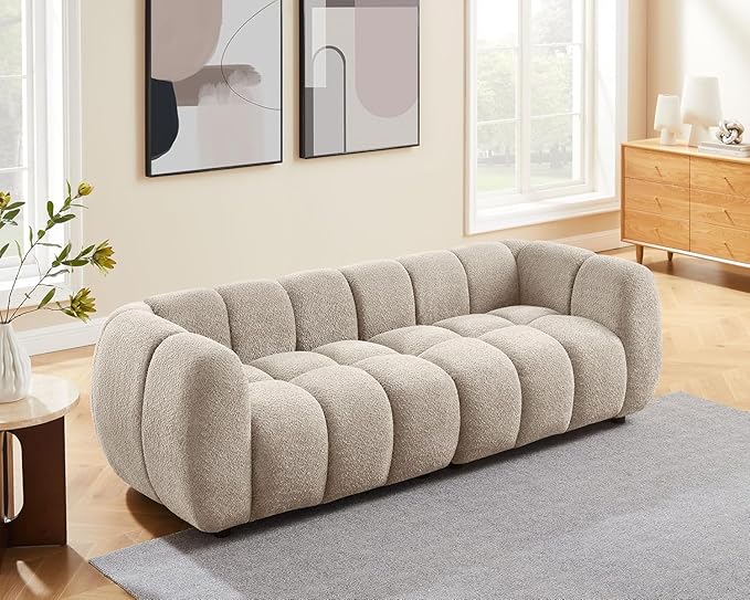 VANOMi 88" Oversized Boucle Sofa, Modern Upholstered Tufted Cloud Couch, Deep Seat Boucle Sofa,Cozy Modern 3 Seater Couch for Living Room, Bedroom, Apartment
